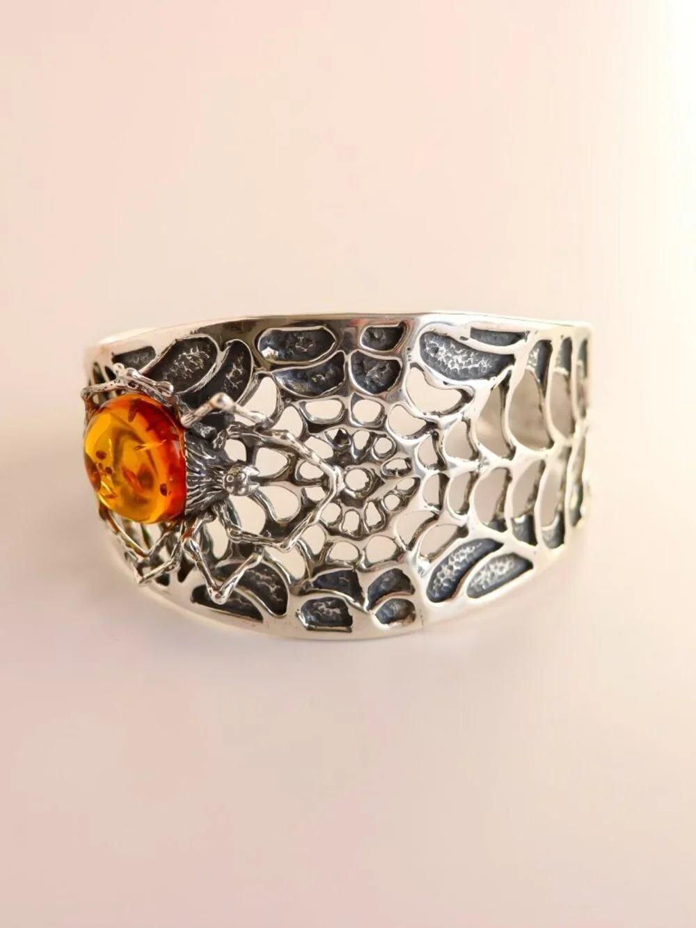 Baltic Amber Cuff Bracelet- Sterling Silver Spiderweb Design